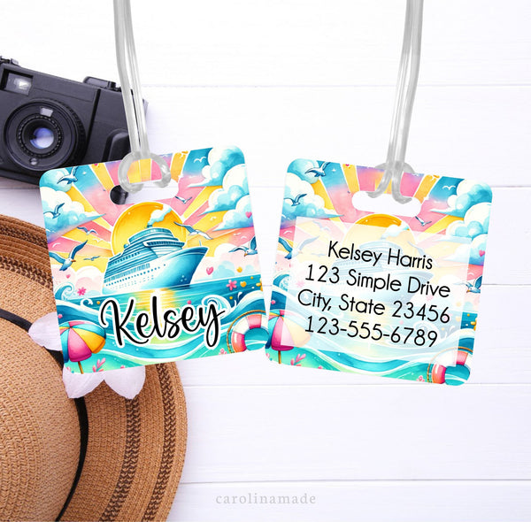 This aluminum luggage features a colorful pastel cruise ship design with a large ship, ocean sun and more. Personalize with your name on the front. And Contact information on the back.