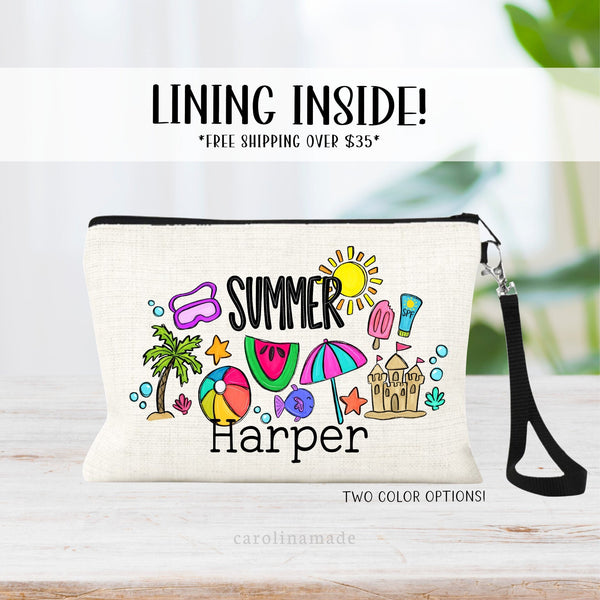 This lined linen wristlet features a fun summer artwork with palm trees, beach ball, watermelon, sand castle, sun, googles & more! Personalize with your name at the bottom.