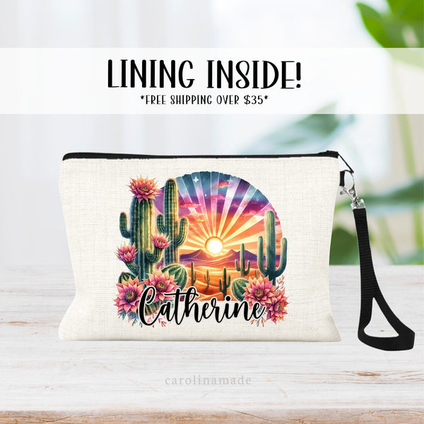 This linen zipper pouch features a beautiful desert sunset design with flowers and cactus. It is personalized at the bottom with your name.