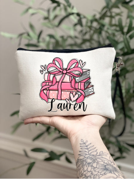 Book Lover Makeup Bag, Personalized Girly Book Bag, Book Lover Linen Wristlet, Reader Gift, Reading Accessory Travel Bag, Book Zipper Pouch