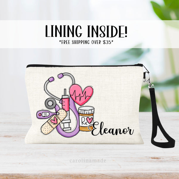 This linen zipper pouch features a fun medical design with Rx bottle, heart, bandage, thermometer, medicine and stethoscope. Perfect for any medical professional. Personalize with your name in the corner.