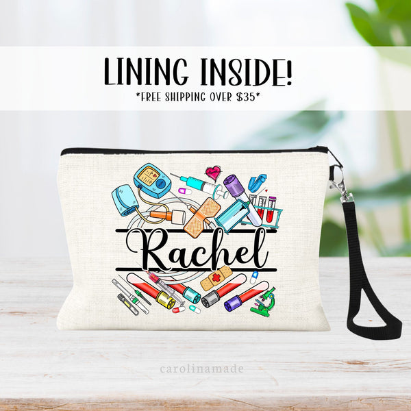 This linen zipper pouch features a Phlebotomist design with butterfly needle, blood containers, blood pressure cuff and more. Personalize the center with a name.
