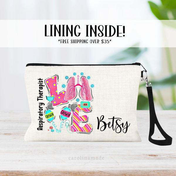 This linen zipper pouch features a respiratory therapist design with lungs and oxygen. It is personalized next to design with your name.