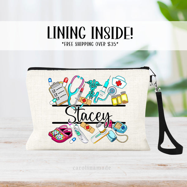 This linen zipper pouch is perfect for any nurse, doctor or medical worker. It features a design with thermometer, blood pressure, pills, medical symbol, stethoscope and more. personalize it in the center with your name.
