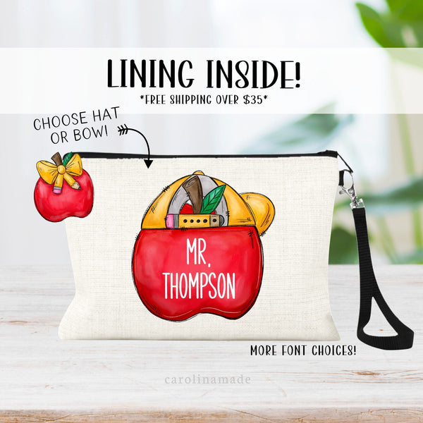 This linen zipper pouch makes the prefect teacher gift for any male or female teacher! The bright red apple in the center features either a backwards ball cap hat or a pencil bow. Personalize the bag with your teachers name.