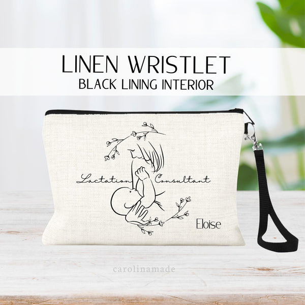 This linen zipper pouch features a minimalist line art design of a mother and baby breast feeding. It is design for a lactation consultant and is personalized in the corner with your name.