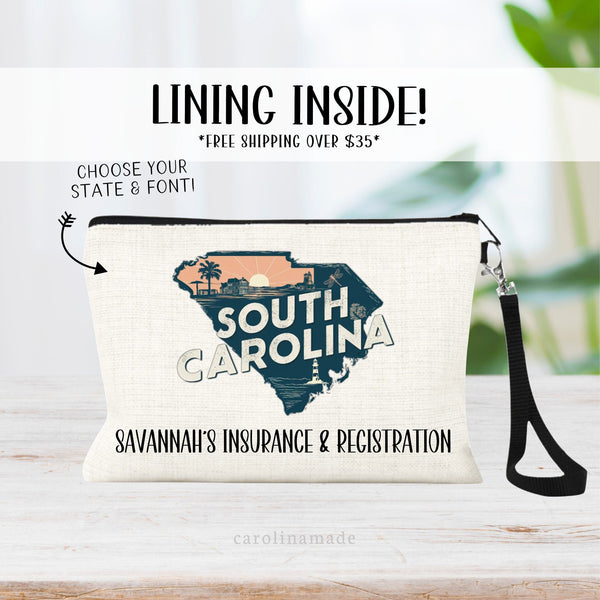 This linen zipper pouch features your choice of state with the personalization at the bottom that says your name Insurance and registration. Perfect zipper pouch to keep all your car documents in one place.