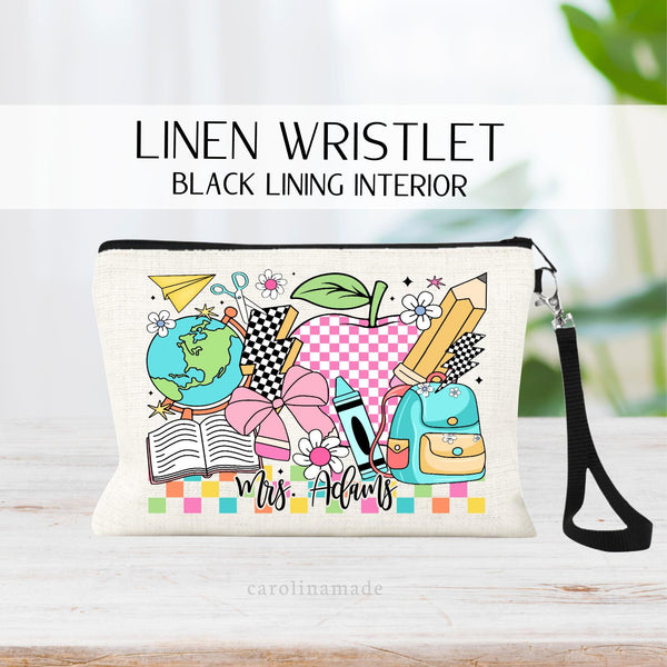 This zipper pouch features a fun bright color retro teacher design with lots of teacher icons - apple, globe, pencil, crayon, book, bag, etc. It is personalized at the bottom with teachers name.