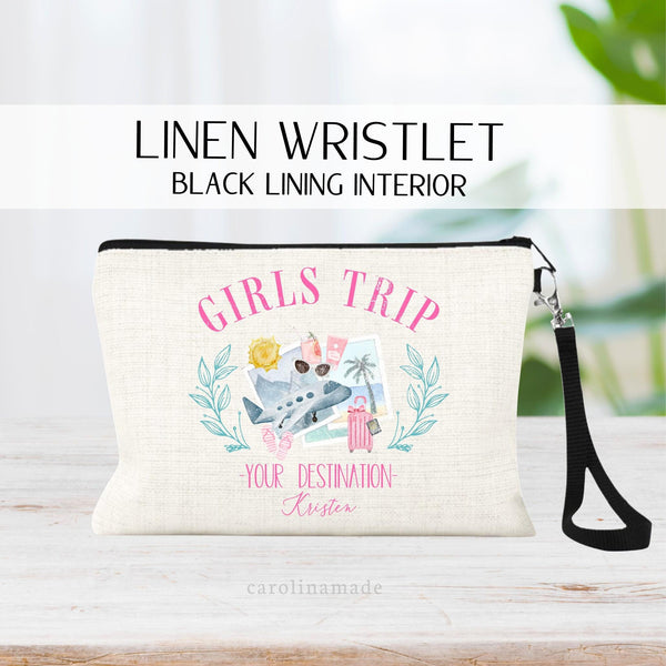 This Girls Trip makeup bag wristlet is perfect for your next getaway with your besties! Pink Girls Trip at the top. And personalized with your destination and name at the bottom. Center has plane, sun, suit case, palm tree, mountains.