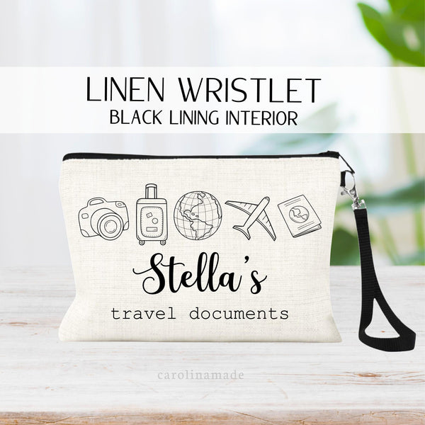 Travel linen wristlet perfect for holding tickets, passport and other travel documents! The minimalist line art design is trendy and stylist!Camera, suitcase, globe, plane, passport. The bottom is personalized with your name.