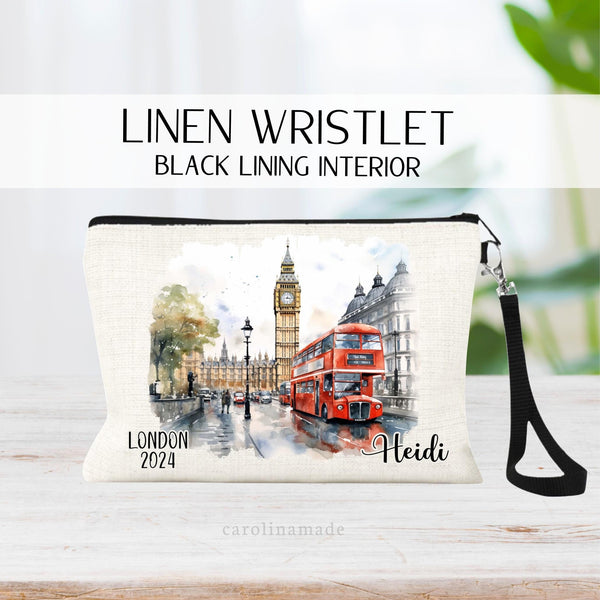 Beautiful watercolor design of London France in the middle of this linen wristlet bag. It is personalized with your name on bottom right, with London and the year on the bottom left.