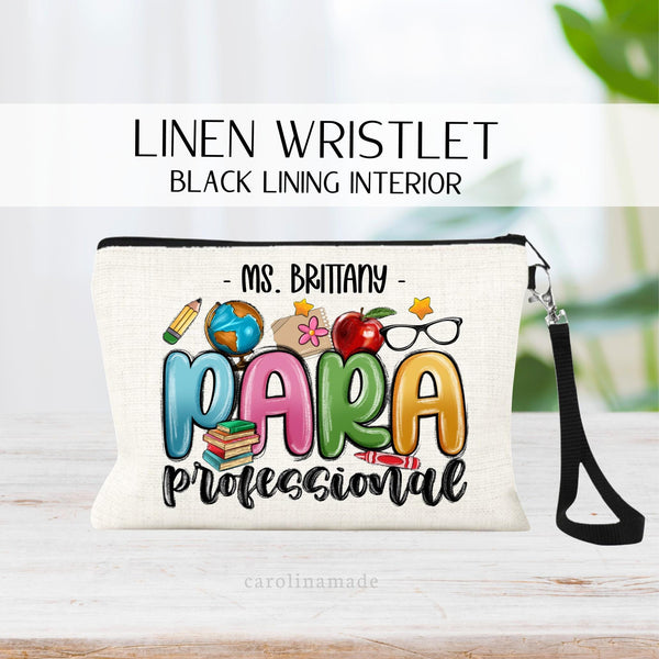 Personalized Para Professional zipper pouch in a fun colorful design with pencil, books, paper, apple, crayon, glasses. Personalize the top of the bag with their name.