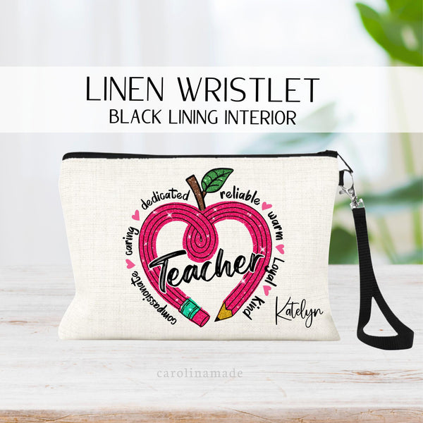 This linen zipper pouch makes the perfect teacher gift! It features a pink pencil in the shape of a heart apple with descriptive words for teachers - kind, loyal, warm, dedicated, caring, etc. Personalize the corner with your teachers name!