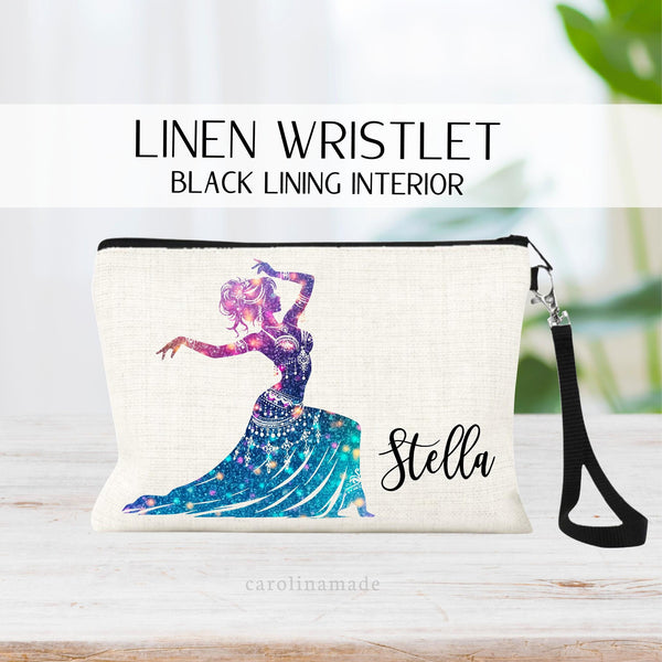 This linen wristlet features your choice of four colorful belly dancing graphics. And is personalized with your name next to it.
