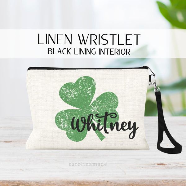 Personalized St. Patricks Day Clover Name Wristlet, Custom Makeup Bag, Gift for her, St Pattys Day Accessory, Girls Zippered Wristlet, Custom Bag