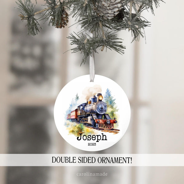 Personalized Train Watercolor Christmas Ornament. Name and year included. Perfect Locomotive Ornament Gift for Kids Yearly Ornament