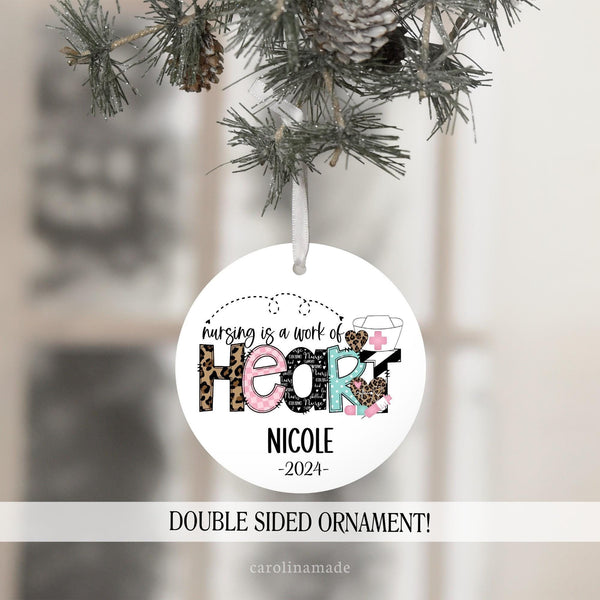 This nurse ornament says nursing is a work of heart and is personalized under design with name and year.