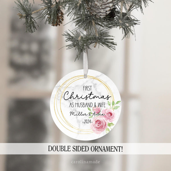This ornament features a marble printed background with gold circle and pink roses. Perfect gift to celebrate your first christmas as husband and wife.