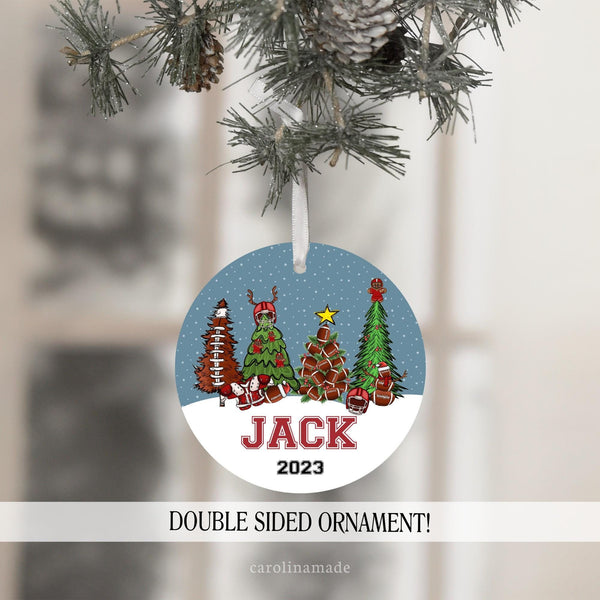 Personalized Football Ornament featuring players name and the year. Cute christmas trees decorated with footballs