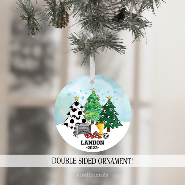 Custom Christmas Ornament for Soccer player. Personalized with players name and year.