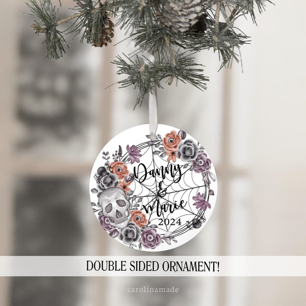 Halloween Skull Spider Floral Wreath Ornament is personalized with your names and the year.