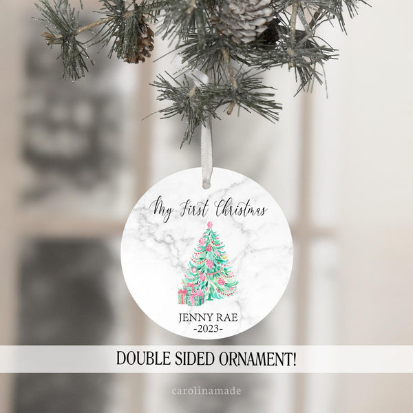 Babys First Christmas Ornament Featuring Name and Year. Green Watercolor Christmas tree with preppy pink design.