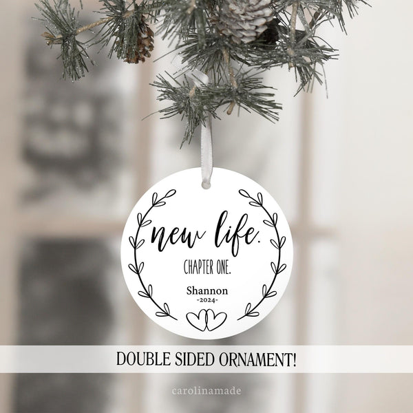 new life chapter one personalized ornament with name and year.