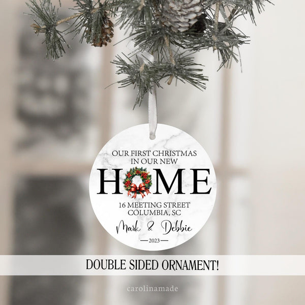 our first christmas in our new home. Christmas Wreath Ornament. Personalized with address, names and date.