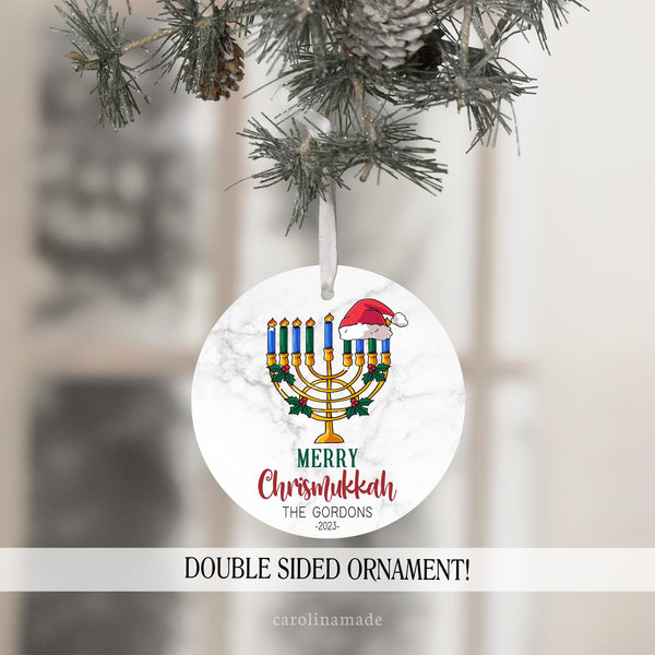 Merry Chrismukkah ornament celebrating Christmas and Hanukkah. Personalized with family name and year.