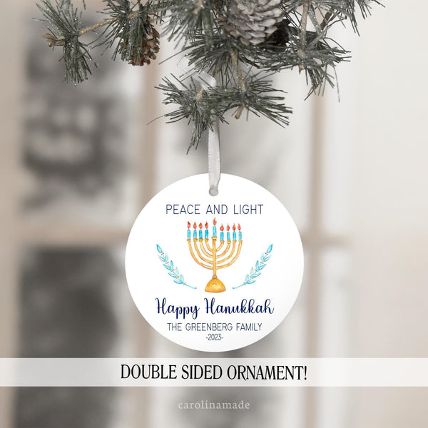 peace and light happy hanukkah ornament, personalized with family name and year
