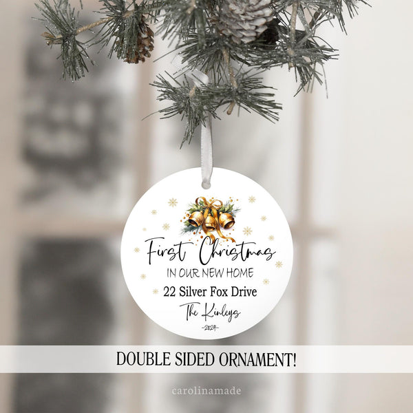 First Christmas in our new home. Featuring Gold Bells. Personalized with address, name and year.&gold snowflakes
