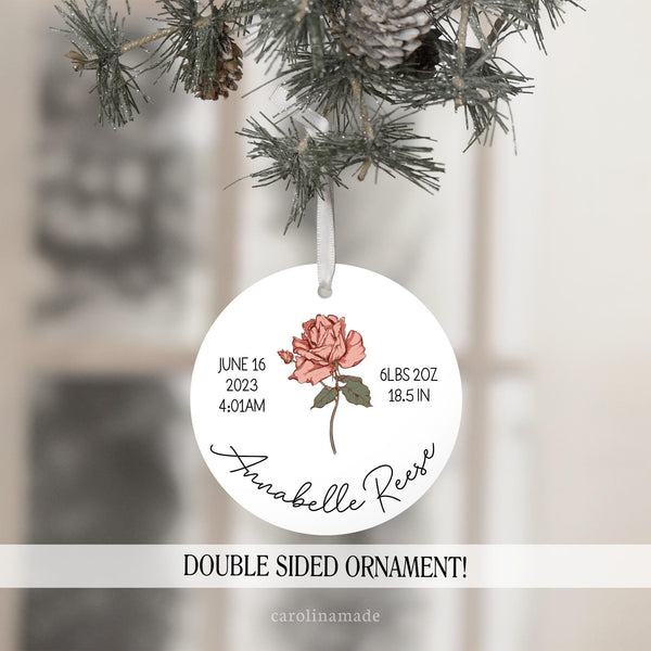 Birth flower newborn baby birth stat ornament. Personalized christmas ornament