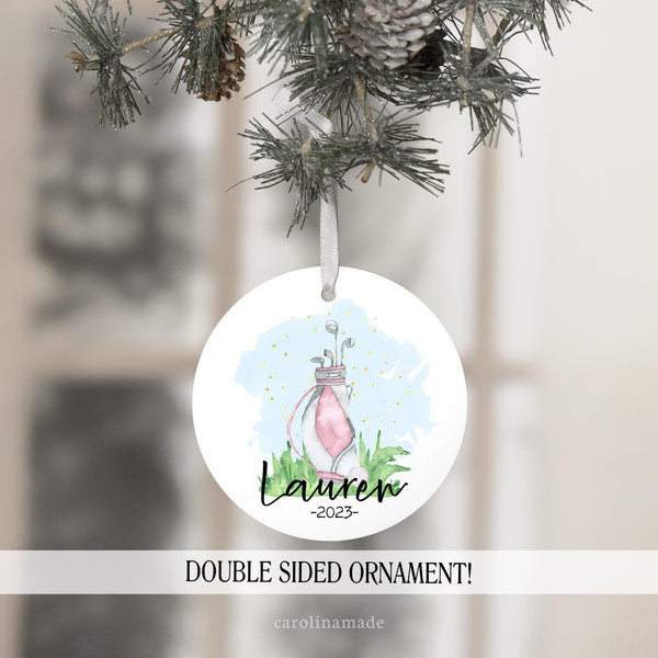 pink golf bag watercolor personalized golfer christmas ornament