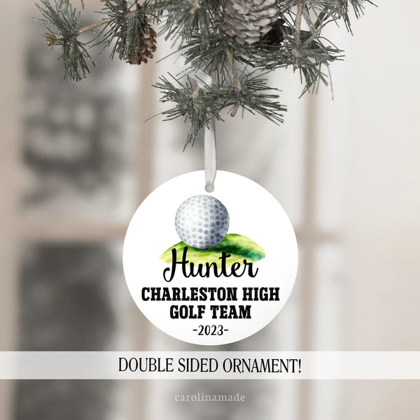 personalized golf team christmas ornament featuring golfer name, school and year.