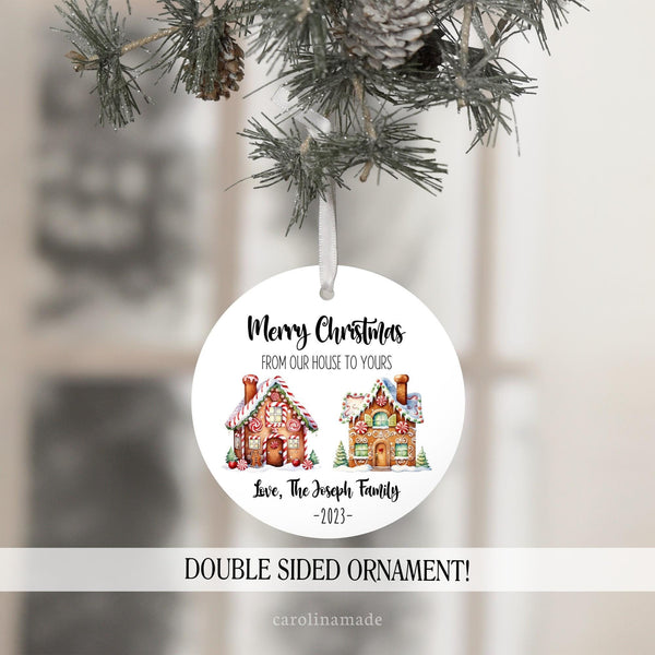 Merry Christmas from Our house to yours. Personalized with Family Name & year.  Features watercolor gingerbread houses in the center