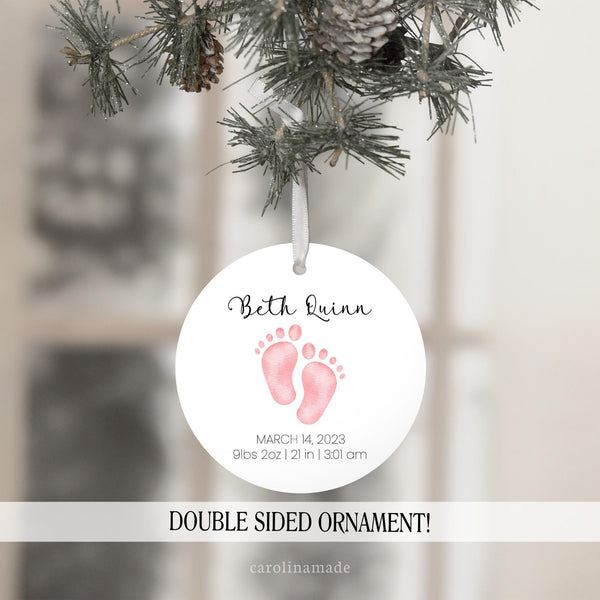 This Christmas Ornament features your choice of baby feet color. And is personalized with babys name, date of birth and birth stats. Great keepsake reminder of when your baby was born!