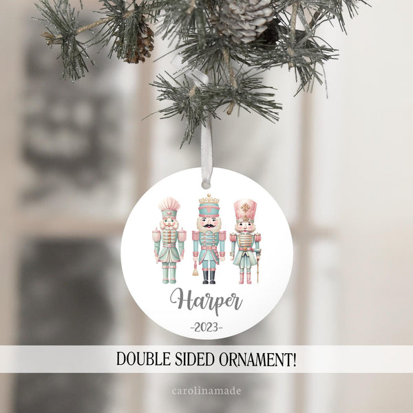 pastel christmas nutcracker ornament personalized with childs name and year