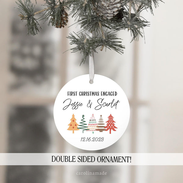 our first christmas engaged personalized ornament with names and date with colorful boho christmas trees