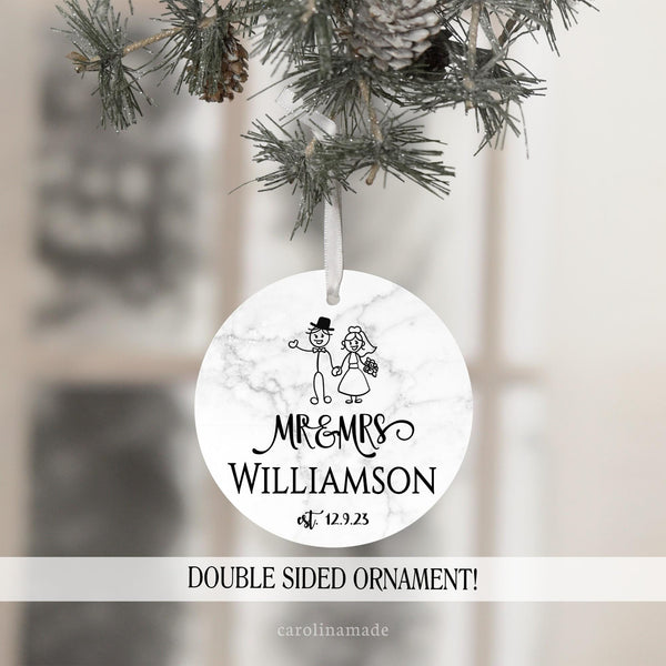 Mr and Mrs Wedding Ornament with husband and wife stick figures. personalized with name and date.