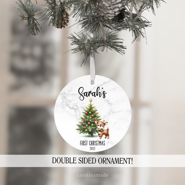 babys first christmas ornament with tree, deer and is personalized with name and date