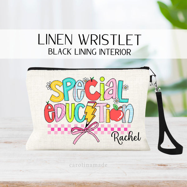 This linen zipper pouch features a fun colorful text that says special education. The bag is personalized at the bottom corner with a name.
