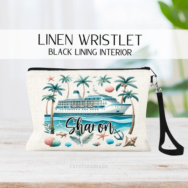 This zipper pouch features a fun retro colored design with cruise ship, palm trees, leaves, shells and anchor. It is personalized with your name in the center.