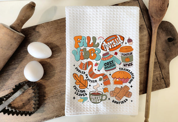 Fall Vibes Name Towel, Personalized Fall List Kitchen Dish Towel, Thanksgiving Fall Hand Towel, Sweaters, Leaves, Bonfires, Pumpkin Pie