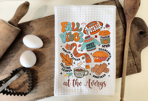 This white waffle weave towel features a fun Fall Vibes hand towel that can be personalized at the bottom. It features clipart for football, pumpkin spice latte, sweaters, leaves, bonfires, thanksgiving pie, etc.