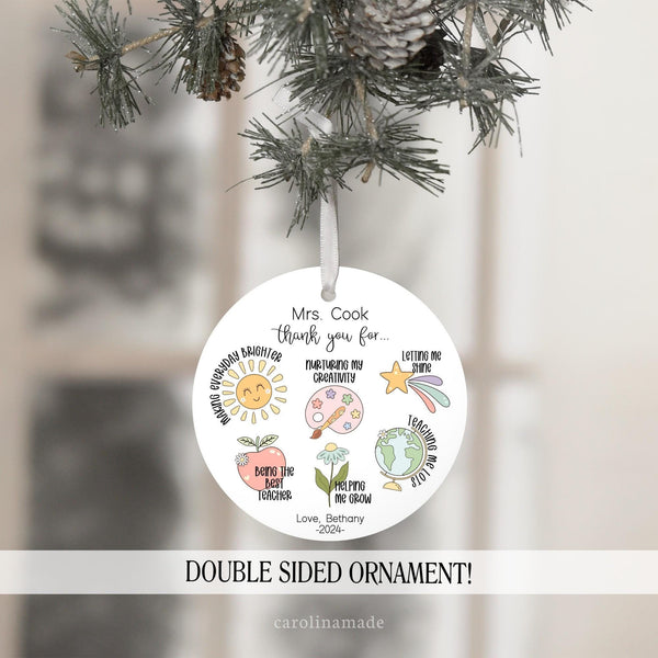 This ornament is the perfect thank you for your childs teacher! Appreciation, end of school or Christmas, this will sure give them all the feels. Thank you for being the best teacher personalized with your childs name and year.