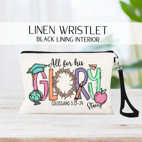 This linen zipper pouch features a Christian Teacher Design that says All for his Glory. Colossians 3 23 - 24. It has a graduation cap on the G in Glory. The O is a crown of thorns. and there are other teacher art surround.Your name at the bottom.