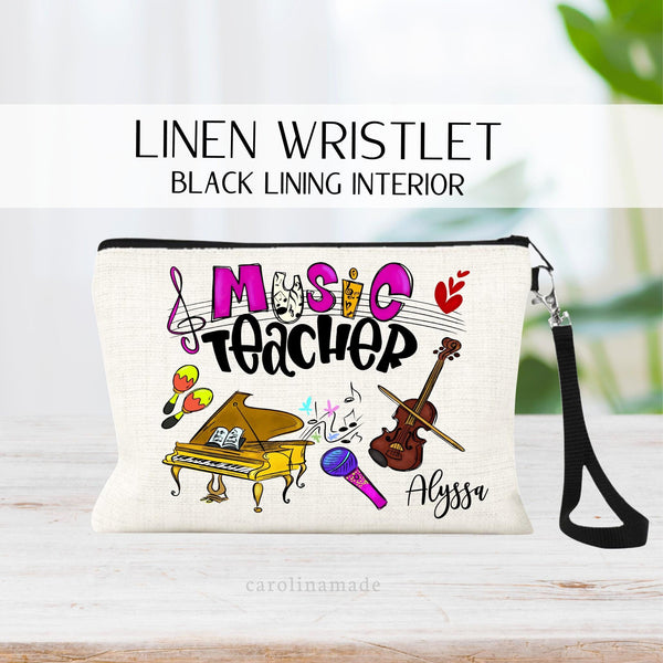 This linen zipper pouch features a fun colorful music teacher design with music notes, a piano, violin, microphone and more doodles around it. A name is personalized in the bottom corner.
