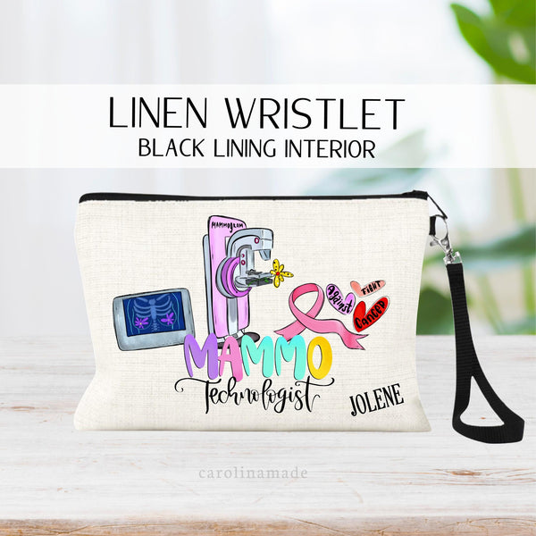 This linen zipper pouch features a mammo technologist design with a machine, xray and breast cancer ribbon. Personalize with their name at the bottom.