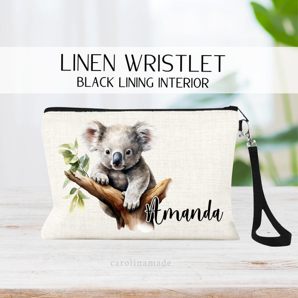 This linen zipper pouch features a watercolor koala and is personalized with your name next to it. Perfect for travel, makeup, pens and more!