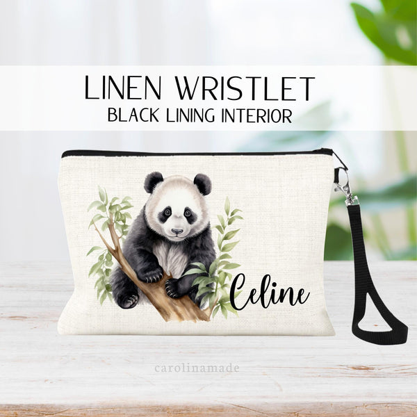 This linen zipper pouch features a watercolor panda with greenery and is personalized with your name next to it. Perfect for travel, makeup, pens and more!